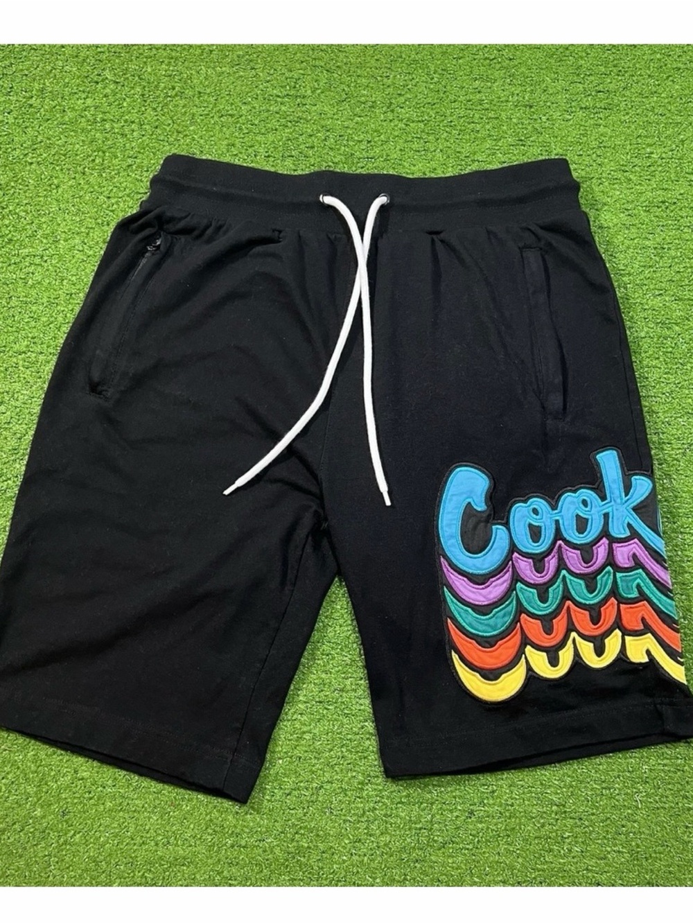 Black Men's Drawstring Athletic Shorts with Multicolor 'Cook' Graphic